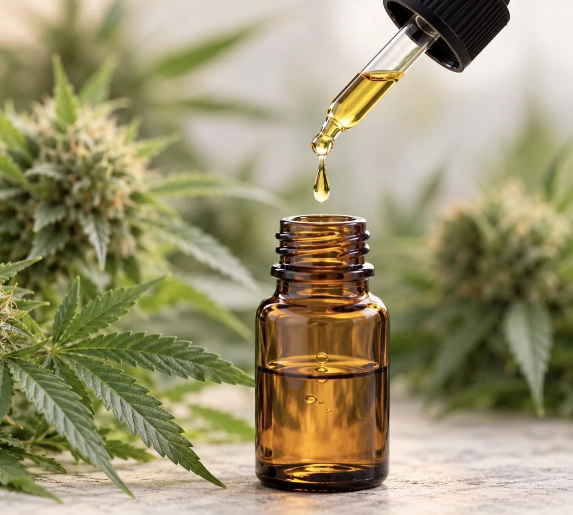 Medical cannabis oil dropper above an amber glass bottle, surrounded by cannabis plants